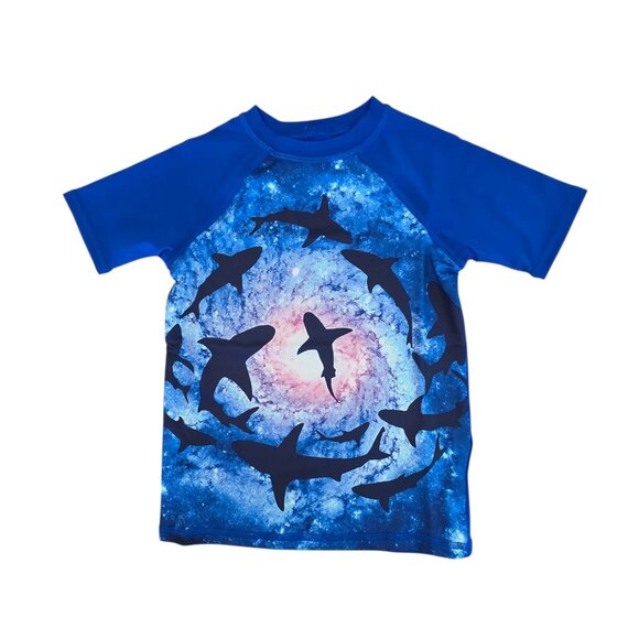 🔴 Lands' End Shirt Boys XXS 2-3 Blue Shark Galaxy Print Short Sleeve Swim Top - Picture 3 of 8